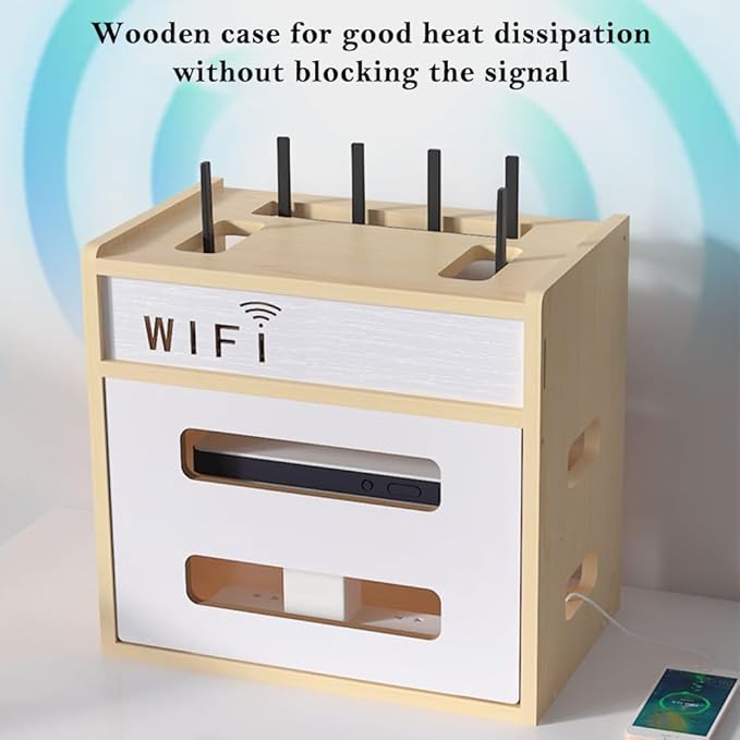 Wooden Router Shelf, Desktop WiFi Router Storage Box Modem Rack, Power Router Fences Standing Shelf Units, Cable Management Hider Box Organizer for Office and Home (White Maple)