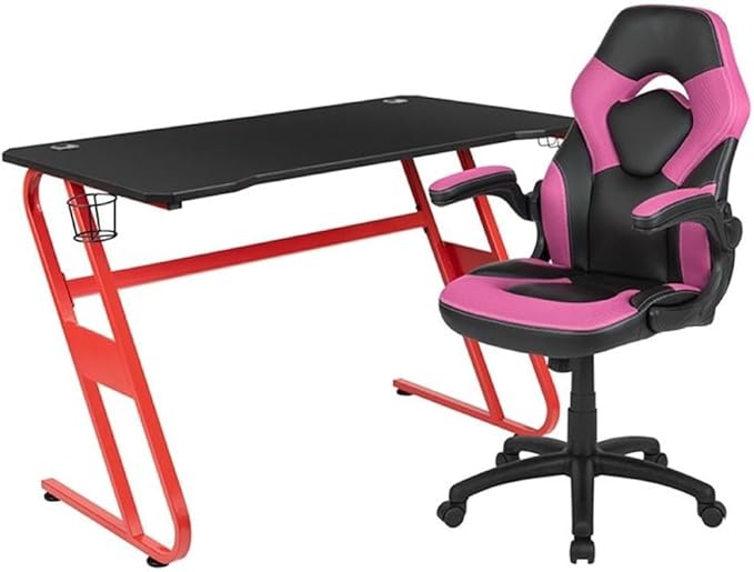 BOWERY HILL Gaming Desk and Racing Chair Set, Black Laminate Top, Red Powder Coated Frame, Pink Mesh Inserts, Dual Monitor Capacity, Ergonomic High Back Chair, Contemporary Style for Gamers