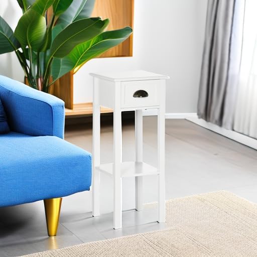 HOMCOM Narrow End Table with Drawer and Bottom Shelf, Slim Side Table for Small Spaces, Skinny Modern Accent Desk for Living Room, Set of 1, White