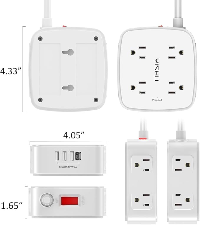6 Ft Surge Protector Power Strip - 8 Widely Outlets with 4 USB Ports, 3 Side Outlet Extender with 6 Feet Extension Cord, Flat Plug, Wall Mount, Desk USB Charging Station, ETL,White