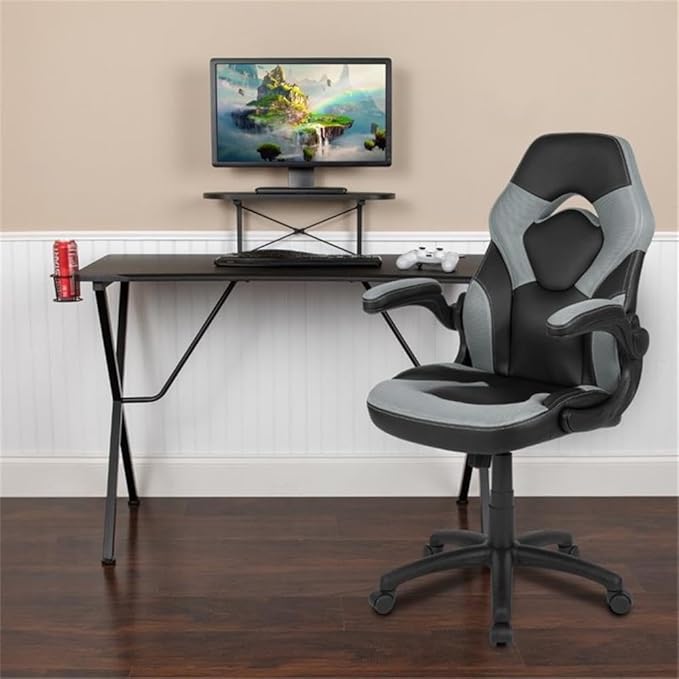 BOWERY HILL 2 Piece Gaming Desk Set with Monitor Stand, Black and Gray Finish, Ergonomic Desk and Chair Combo, Cable Management, Cup Holder, Headset Hook, Adjustable Contemporary Design for Gamers