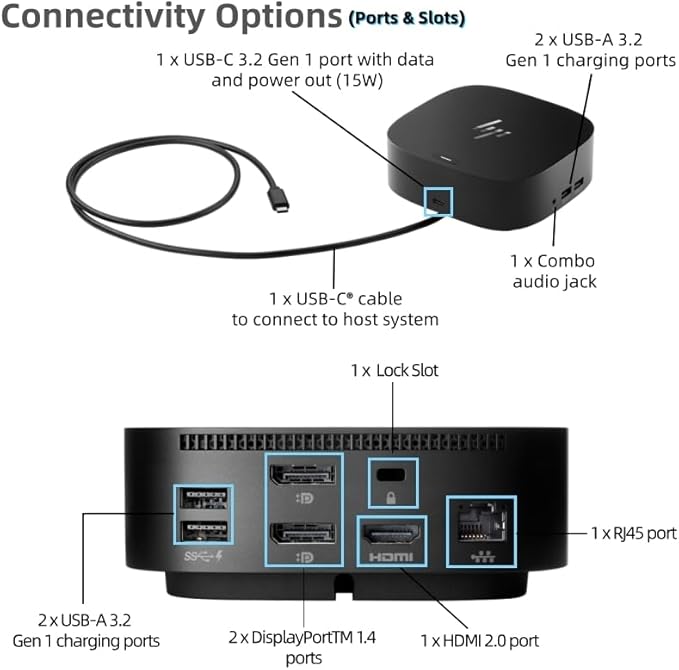 HP HSN-IX02 Docking Station for Laptop Dual Monitor and Charging Bundle-HP USB-C G5 Dock 5TW10UT#ABA with 120W AC Adapter, HDMI Cable, USB-C Cable, Fiber Cloth, Cable Ties