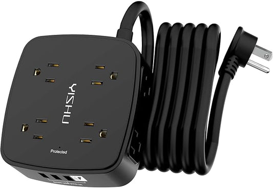 10 Ft Surge Protector Power Strip - 8 Widely Outlets with 4 USB Ports, 3 Side Outlet Extender with 10 Feet Extension Cord, Flat Plug, Wall Mount, Desk USB Charging Station, ETL, Black
