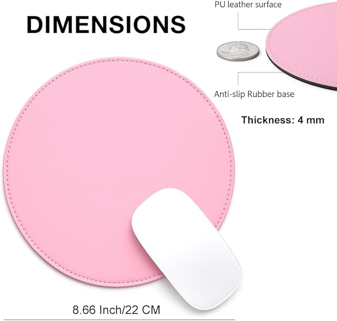 ProElife Premium Cute Round Mouse Pad Mat Waterproof PU Leather 8.66-Inch Mousepad with Anti-Skid Base Stitched Edge for Home Office Gaming Computer Laptop Accessories (Pink)