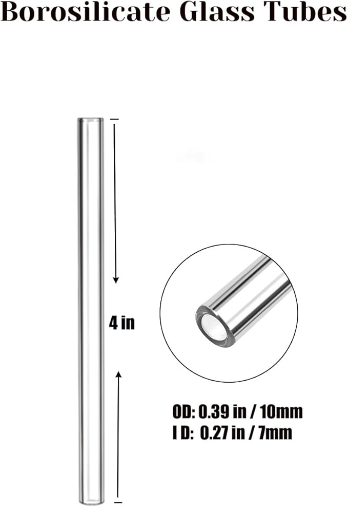 Borosilicate Glass Tubes 4" 10mm 1.5mm Thick Wall Clear Glass Blowing Tubes for Scientific, Industrial, Art & Craft - 8pc Premium Bulk Set with Brush
