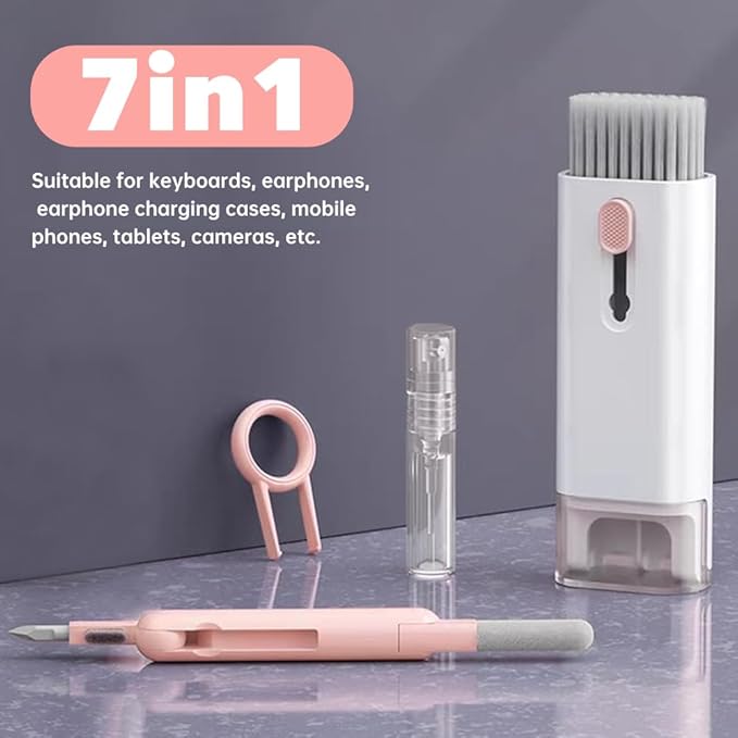 7 in 1 Laptop Cleaning Kit Keyboard Cleaner,Computer Tech Cleaning Brush,Earbuds Camera PC Monitor Screen Cleaner Computer Clean Tools Kit Corner Gap Duster Keycap Puller(Pink)