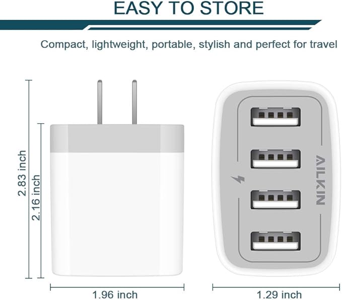 USB Charger Adapter, 2-Pack AILKIN 4.8A 4-Muti Port Phone Wall Plug Fast Charging Block Box for iPhone 17 16 15 14 13 12 Pro Max 11 SE 10 XR XS, Samsung Galaxy, Moto, LG, Pixel, Power Cube Base Brick