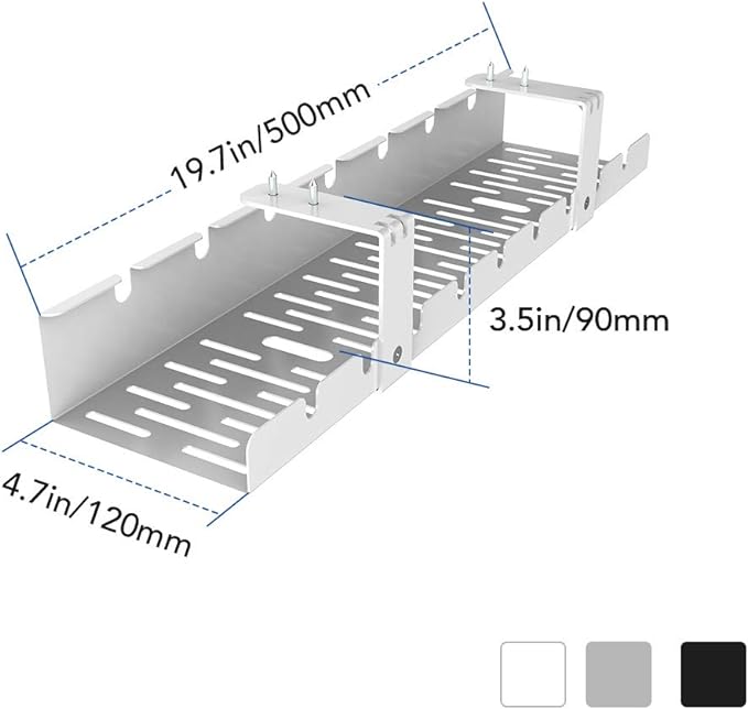 Cable Management Under Desk Tray for Home Office Desk, Metal Raceway Wires Cable Management Tray Tidy Organizer (White)