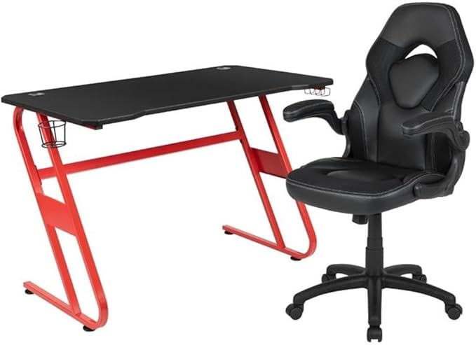 BOWERY HILL 2 Piece Gaming Desk Set, Z-Frame Red and Black Desk with Cup Holder and Headset Hook, High Back Ergonomic Chair with Flip-Up Arms, Dual Monitor Worksurface, Contemporary Gaming Setup