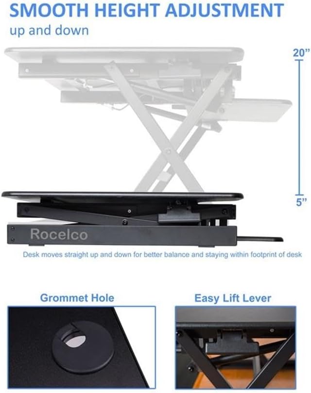 Rocelco 38" Large Height Adjustable Standing Desk Converter - Quick Sit Stand Up Dual Monitor Riser - Gas Spring Assist Tabletop Computer Workstation - Retractable Keyboard Tray - Black (R DADRB-38)