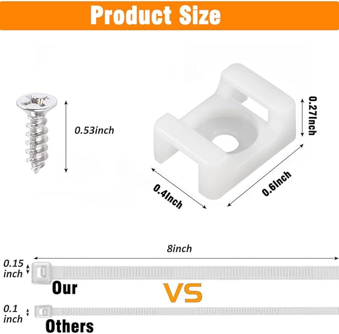 60 Set White Cable Zip Tie Mounts Kit Wire Clips Organizer Holders Clamps with 0.6Inch Saddle Type Mounts Base with 8" Ties and Tapping Screw