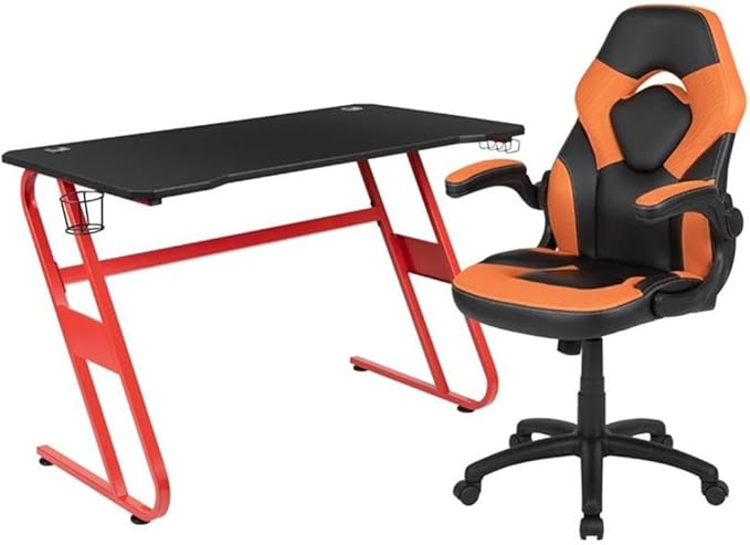 BOWERY HILL 2 Piece Z-Frame Gaming Desk Set, 51.5" W x 23.75" D Desk, Red and Orange Finish, Black Laminate Top, Detachable Cup Holder and Headset Hook, Ergonomic Chair, Contemporary Gaming Setup