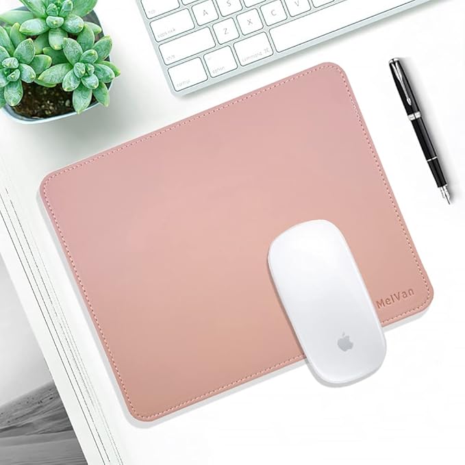 MelVan PU Leather Mouse Pad with Stitched Edge, Wood Mousepad, Waterproof Gaming Mouse Pad Mat for Computers, Laptop, Office & Home, 10.2" x 8.3", 1 Pack (Pink)