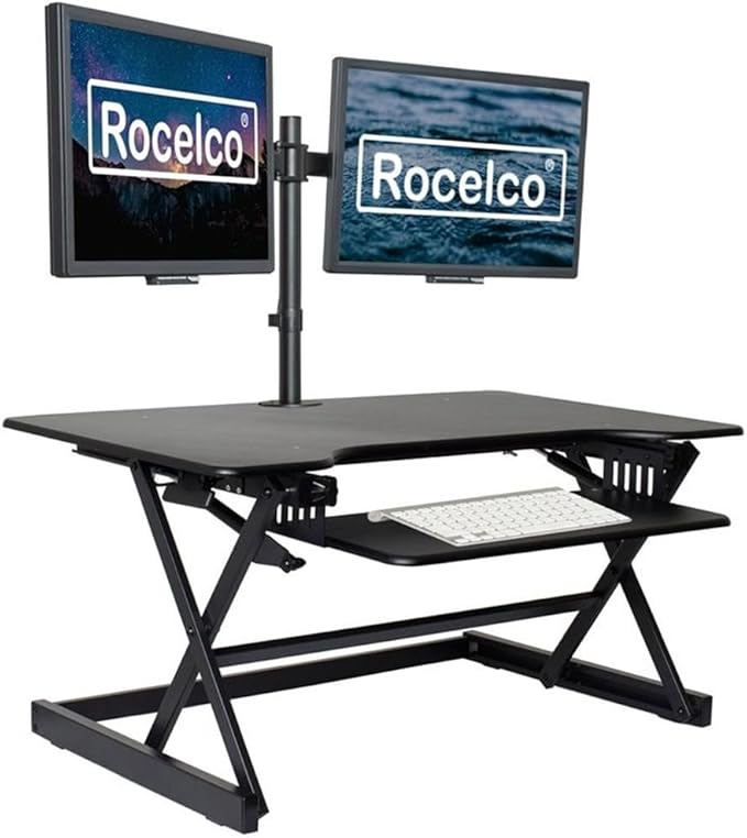 Rocelco 38" Large Height Adjustable Standing Desk Converter - Quick Sit Stand Up Dual Monitor Riser - Gas Spring Assist Tabletop Computer Workstation - Retractable Keyboard Tray - Black (R DADRB-38)