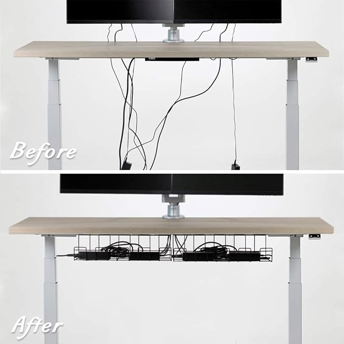 2 Packs Cable Management Tray, 14 inch Under Desk Cable Holder for Wire Organization, Heavy Metal Cord Organizer Ideal for Computer Home Office Standing Desks to Hide Power Strips (Gray)