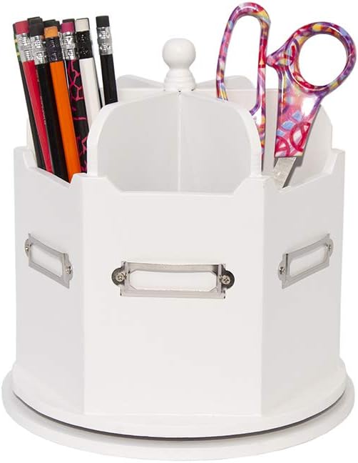 Spinning Desktop Stationary Organizer – Decorative Wooden Rotating Pen and Pencil Cup – Elegant 6 Compartment White Desk and Table Top Office Supplies Station with Labels- by Designstyles