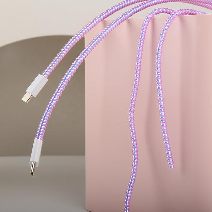 4pcs 1.6M(5.25FT) Spiral Cable Protector, Multicolor Suitable for Most Phone/Pad/Laptop USB Wire Cord Savers Protection Cover Anti-Break Wrap Charger Data Line Cables Sleeves, Laser Purple