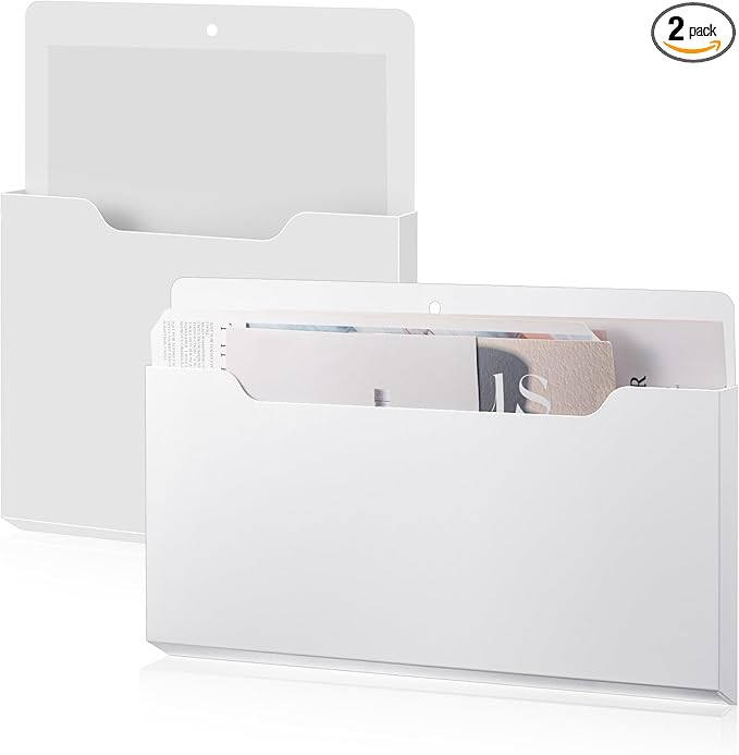 Feifeiya 2 Pcs Magnetic File Folder Wall Hanging Holder Large Pocket Paper Magazine Mail Organizer for Refrigerator Classroom Locker Whiteboard(Mixed,White,13.8 x 8.3 Inches,12.2 x 9.4 Inches)
