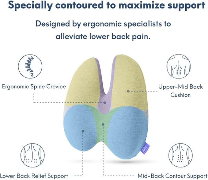 C CUSHION LAB Extra Dense Lumbar Pillow - Patented Ergonomic Multi-Region Firm Back Support for Lower Back Pain Relief - Lumbar Support Cushion with Strap for Office Chair, Car, Sofa - Wellness Green