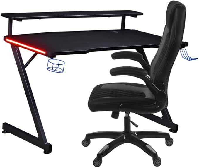 Aon Gaming Desk & Gaming Chair Set – LED Carbon Fiber Desk with Riser Shelf and Ergonomic Racing-Style Gaming Chair, Black/Grey