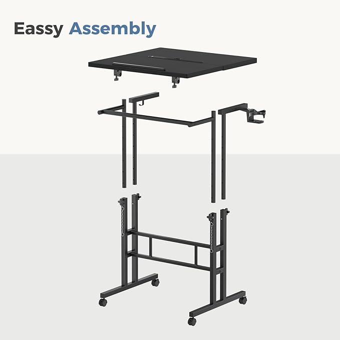 DUMOS Split Top Rolling Standing Desk, 23.6" Mobile Laptop Desk, Manual Height Adjustable Workstation on Wheels, Sit Stand Office Table, Walking Pad Study Desk, Black