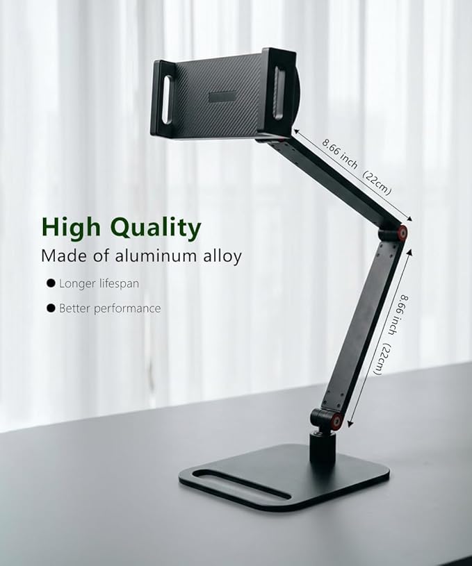 Portable Monitor Stand for Desk, Extra Tall Adjustable Tablet Holder (Max 45cm-17.7" Height), Aluminum 360° Swivel Arm Mount for 6-17.3" Screens, Fits 12.9 inch iPad Pro & Portable Displays