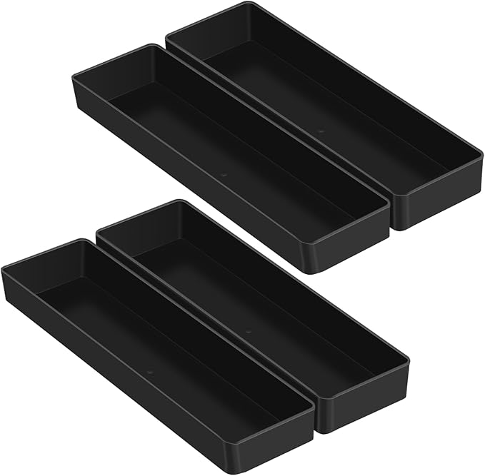 Teling 4 Pcs Black Large Rectangular Desk Organizer Set, Half Accessory Tray, Plastic Tabletop Organizer for Office, Home, or Study, Dimensions: 9.45 x 2.95 x 1.38 Inches