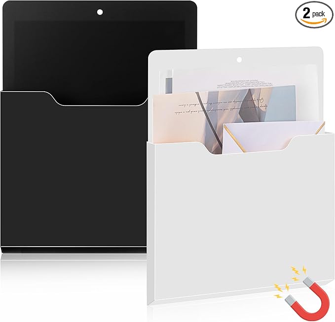 Feifeiya 2 Pcs Magnetic File Folder Wall Hanging Holder Large Pocket Paper Magazine Mail Organizer for Refrigerator Classroom Locker Whiteboard(Vertical,Black White,12.2 x 9.4 Inches)