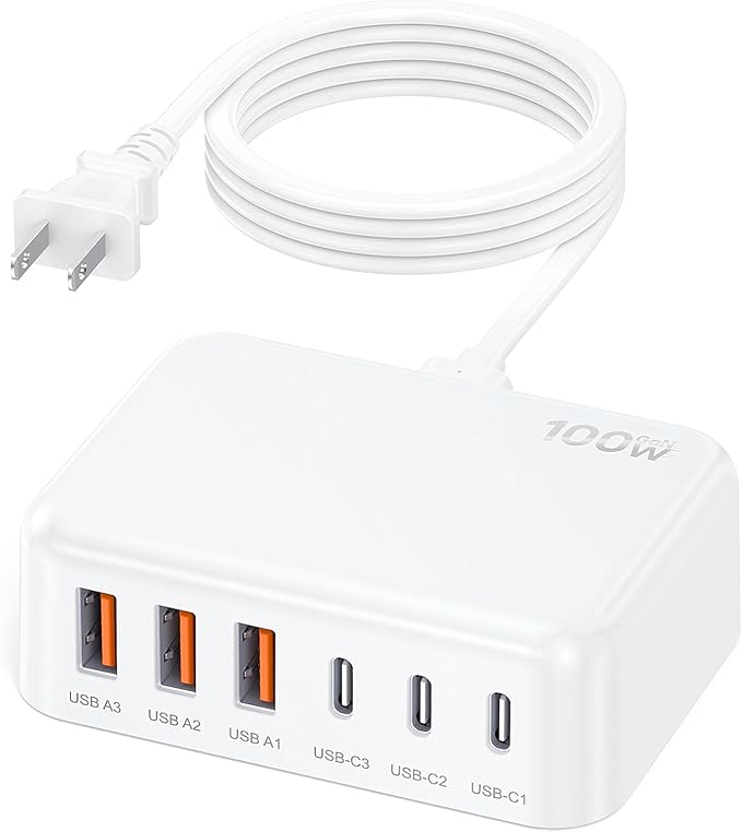 6 in 1 USB Charger, Charging Station for Multiple Devices, 100W Fast Charging Blocks with Type C Ports, USB Charging Hub Organizer Multiport Power Strip for iPhone, Ipad, Kindle, Travel Accessories