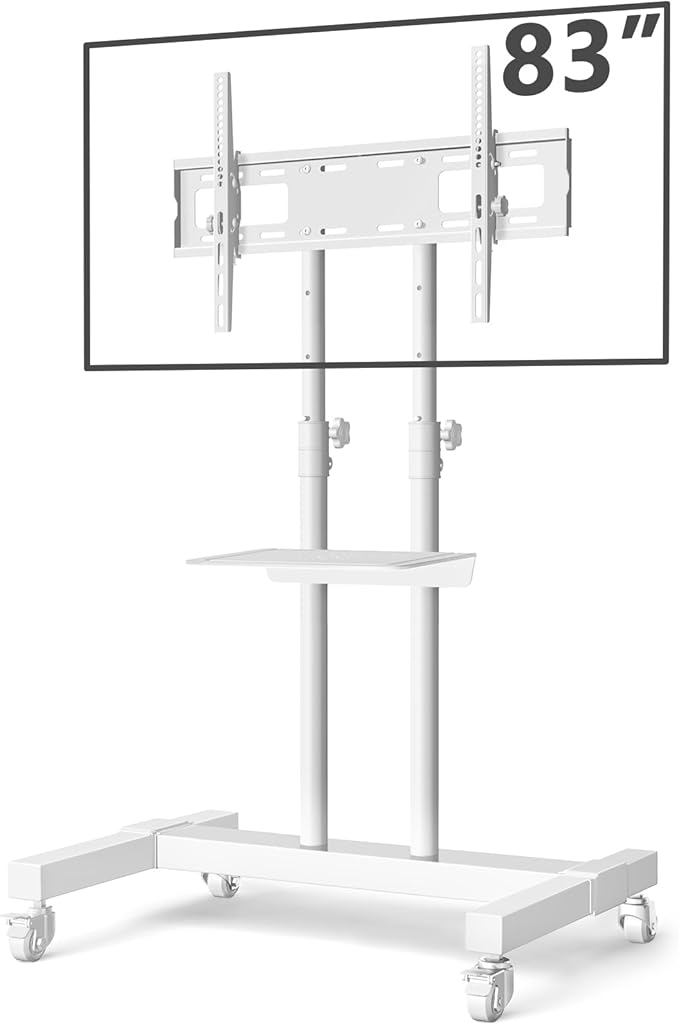Mobile TV Stand Rolling TV Cart Floor Stand with Mount on Lockable Wheels Height Adjustable Shelf for 32-83 Inch TV Stand Flat Screen or Curved TVs Monitors Display Trolley Loading 110 lbs, White