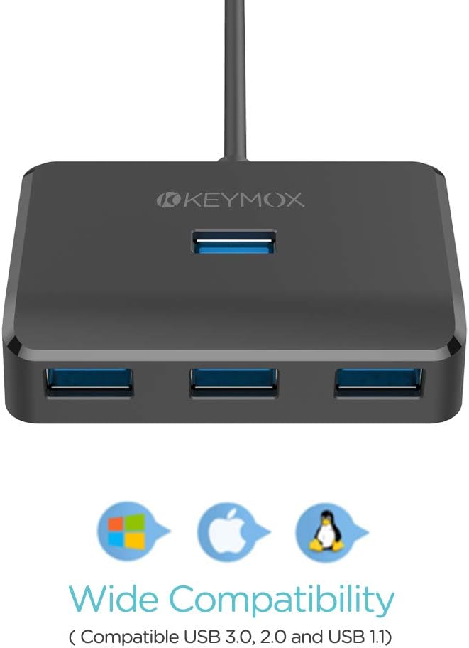 4-Port USB 3.0 Hub, KEYMOX Compact Size Data USB Hub for MacBook, Mac Pro, Mac mini, iMac, Surface Pro, XPS, PC, Flash Drive, Mobile HDD (Charging Not Supported), Black