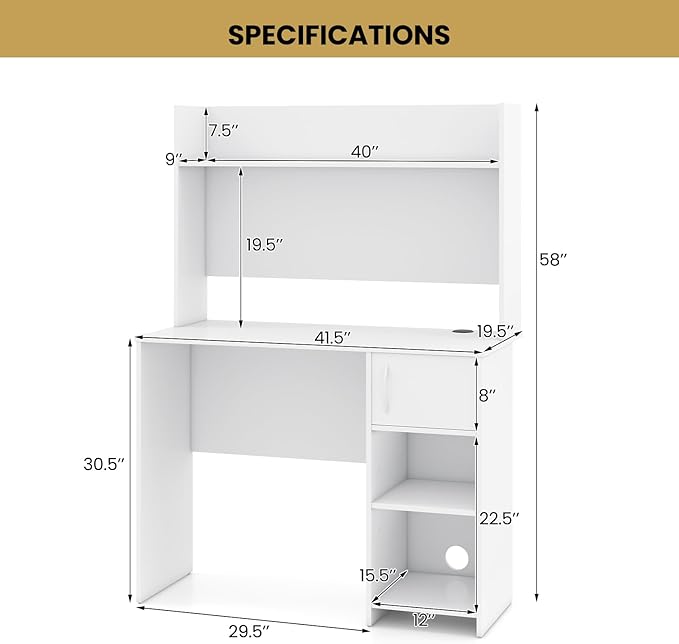 Giantex White Desk with Hutch, Small Computer Desk with Bookshelf & Adjustable Shelf, 2 Cable Holes, Modern Laptop PC Computer Workstation, Study Writing Desk for Small Spaces, Bedroom, Home Office