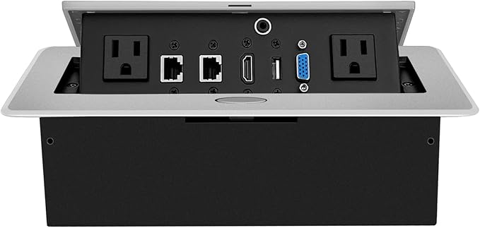 Table Pop up Power Strip Date Hub Connection Box with Outlet Network HDMI for Office Desk（Silver）