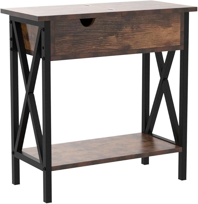 TooCust End Tables Living Room Set of 2, Narrow Side Table with Charging Station, 12" D x 24" W x 24" H, Flip Top End Table with USB Ports and Outlets, Couch End Tables Set of 2, Steel X-Shaped Frame