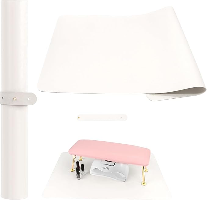 Foldable Nail Art Table Mat, Waterproof PU Leather Desk Mat for Manicure, Non-Slip Protective Pad for Nail Tech Salon Home, Portable and Easy Clean (White, 60x30cm)（Hand Rest Cushion not Included. ）