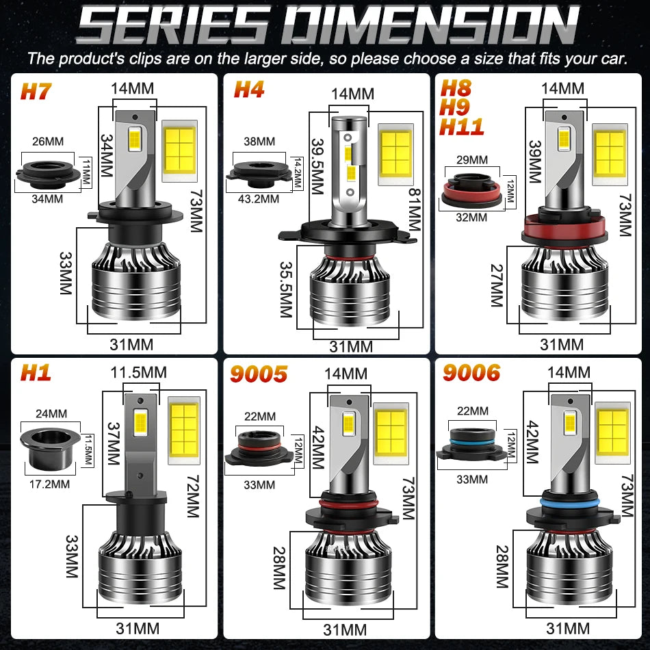 Bullvision 2PCS Car Lights H7 H4 H1 9006 H11 9005 H8 H9 Super Bright LED Headlights High Low Beam Fog Light Bulb White 6000K 12V