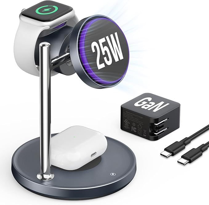 SODI Qi2 25W Wireless Charger, 3 in 1 Charging Station with Cooling Fan, Magnetic Qi2.2 Wireless Charger Stand for iPhone 17/16/S26 Ultra/Pixel 10, Apple Watch, AirPods (45W GaN Adapter Included)