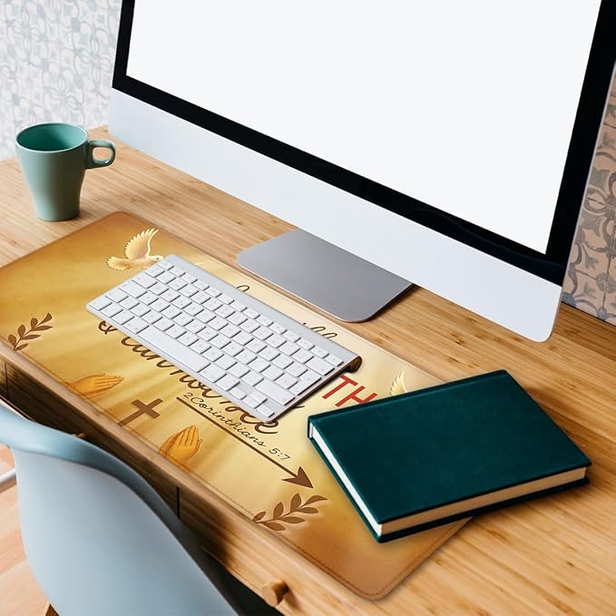 Christian Desk Mat Jesus Cross Faith Quote Walk by Faith XL Mouse Pad Large Mousepad Extended Laptop Keyboard Mat Gaming Desk Pad Mouse Mat 31.5"x11.8"