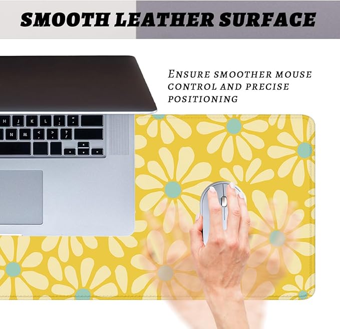 Daisy Flower Desk Pad Mouse Pad Cute Yellow Retro Floral Extended Gaming Mouse Pad Mat with Stitched Edge Non-Slip Base Big Mousepad 31.5"x11.8"