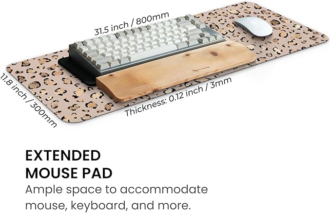 MAY FLOWER Gaming Mouse pad, Large Laptop Mousepad, Full Keyboard Mat, Long Computer Mouse Mat for Home and Office, Anti-Slip Rubber Base, 31.5 x 11.8 Inches (Leopard Print)
