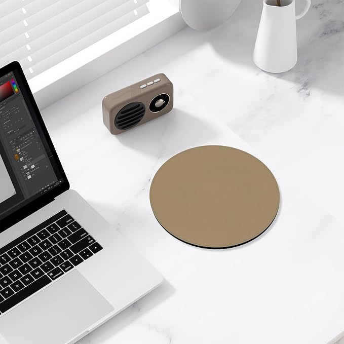 Leather Mouse Pad, Office Mouse Mat Non-Slip Rubber Base Stitched Edge Washable Waterproof Round Mousepad for Office Gaming PC Laptop, Round Diameter 8.7 inches, Apricot