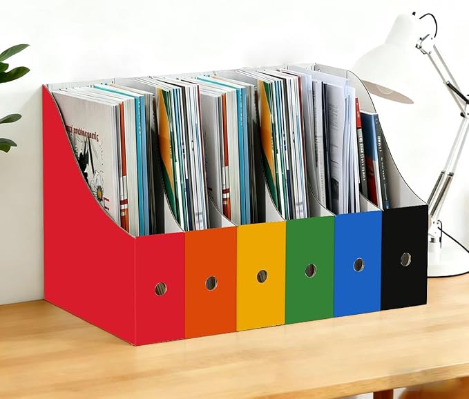 Limitliho 12 Pack Cardboard Magazine File Holder for Desktop, Book Bins for Classroom Library, Office or Home, 10.6" H x 10.2" L x 3.5" W in Cardboard Magazine Holder for Storage with Label(Six Color)