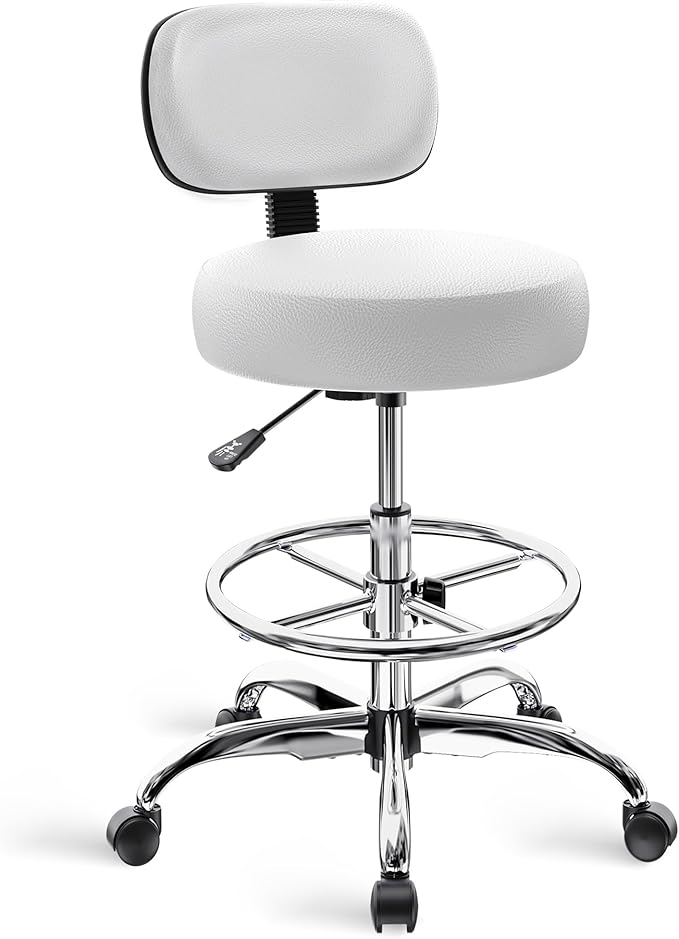 SUPERJARE Drafting Chair with Back, Adjustable Foot Rest Rolling Stool, Multi-Purpose Office Desk Chair, Thick Seat Cushion for Home Bar Kitchen Shop - White