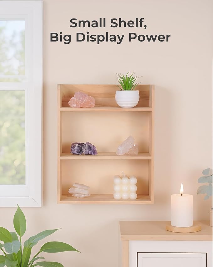 3-Tier Trinket Shelf, 10" x 12" Small Display Shelf for Wall or Countertop, Solid Wood Knick-Knack Shelf for Collectibles, Crystals & Spice Village Storage, Natural Unfinished, DIY Stain