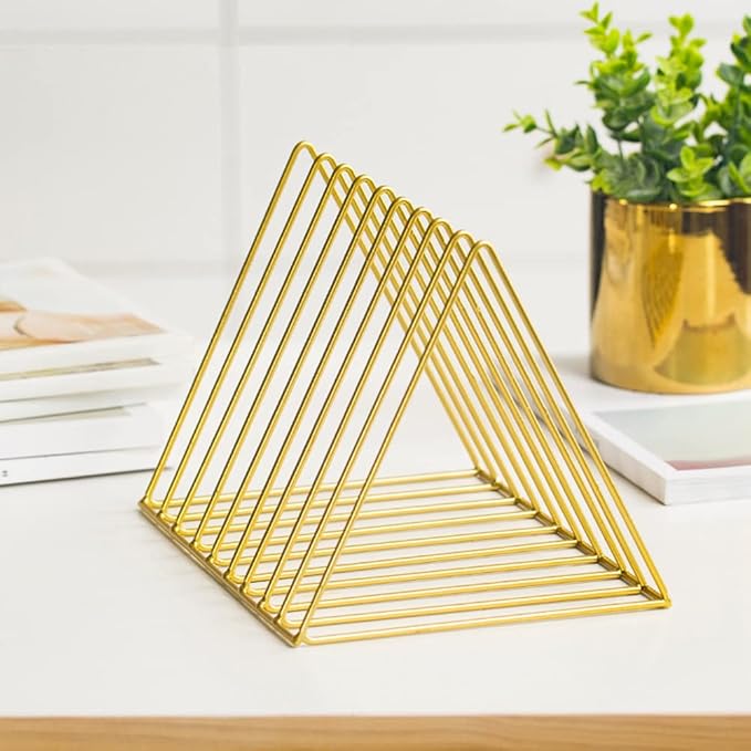 Sooyee 9 Slot Gold Magazine Holder, Desktop File Sorter Organizer Triangle Bookshelf Decor for Home Office, 10.2" L x 7" W x 6.9" H, Iron Wire