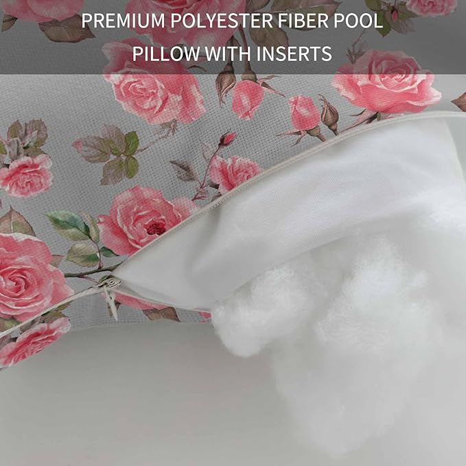 Outdoor Pillows with Insert 1 Pack-12"x20" Spring Summer Pink Rose Floral Vintage Head Pillow for Pool Lounger and Office Chair Lumbar Pillow with Adjustable Strap