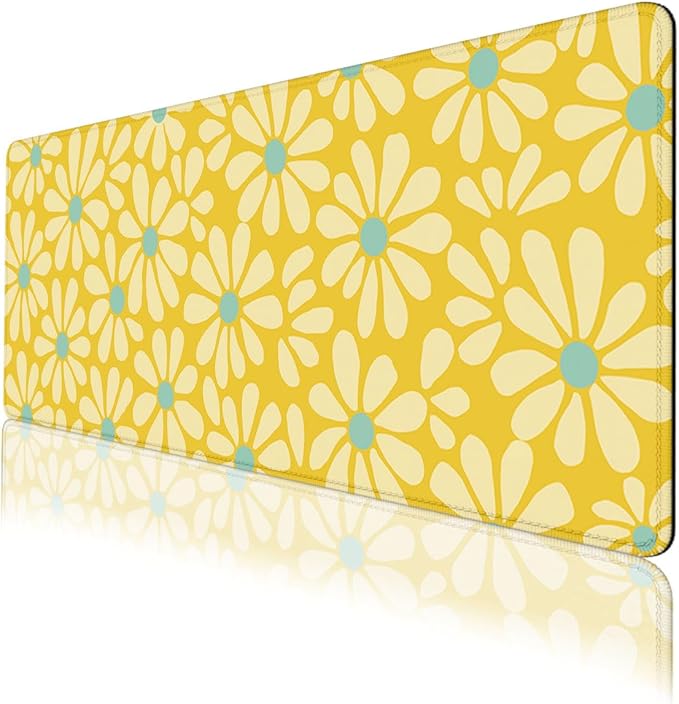 Daisy Flower Desk Pad Mouse Pad Cute Yellow Retro Floral Extended Gaming Mouse Pad Mat with Stitched Edge Non-Slip Base Big Mousepad 31.5"x11.8"