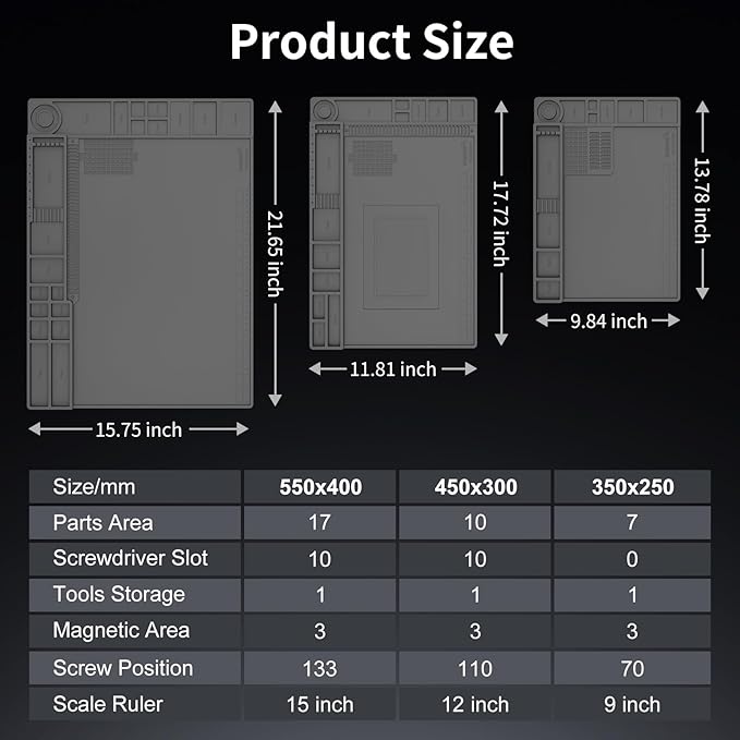 STREBITO Heat Resistant Silicone Soldering Mat up to 932°F, Silicone Work Mat Soldering Pad for Electronics Repair, Magnetic Mat for Watch, Phone, Tablet, Eyeglass, Knife, Size 13.8"x9.9" (Grey)