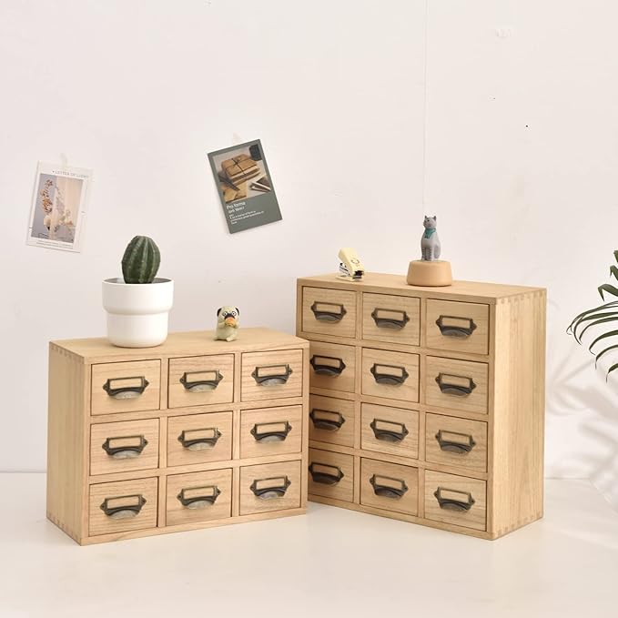 KIRIGEN Wooden Desk Storage Cabinet with 9 Mini Drawers, Wood Desktop Organizer with Metal Label Handles for Office Supplies, Crafts, Tea Bags, Makeup, Natural 9CG-NA