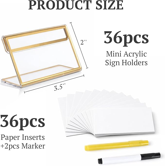 EHWINE 36 Pack Small Gold Acrylic Sign Holders, 3.5 x 2 Inch Slanted L-Shaped Name Tag & Price Label Display Stand for Wedding Table, Boutique, Retail Counter, Trade Show